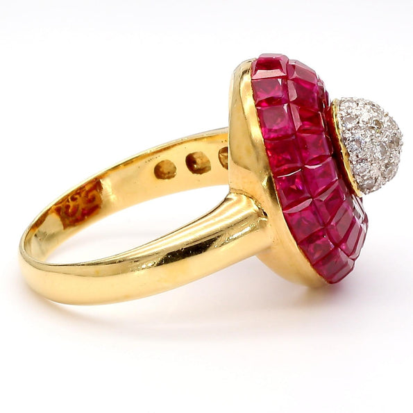 3 Carat Square Ruby and Diamond 18K Gold Button Cocktail Ring