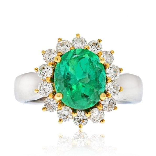 Bague halo en or blanc 18K avec émeraude colombienne vert vif de 3 carats et diamants