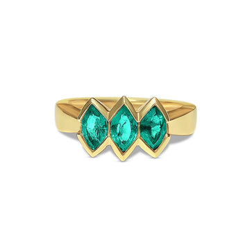 Ring in oro giallo massiccio 14k con smeraldo taglio marquise a 3 pietre – Assay Jewelers
