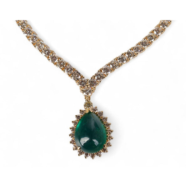 32 Carat Pear Cabochon Emerald & Diamond 18K Gold Drop Emerald Necklace