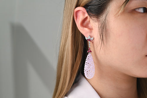 33 Carat Carved Lavender Jadeite Jade Drop Earrings With Rubies & Diamonds