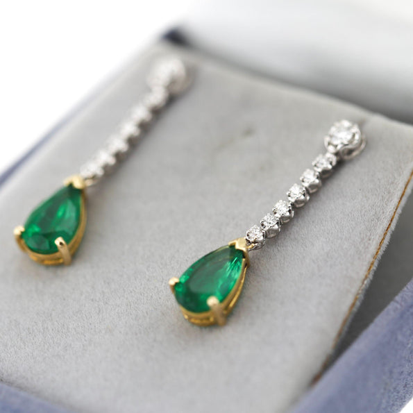 3.02 Carat Pear Vivid Green Emerald & Diamond 18K Gold Drop Earring