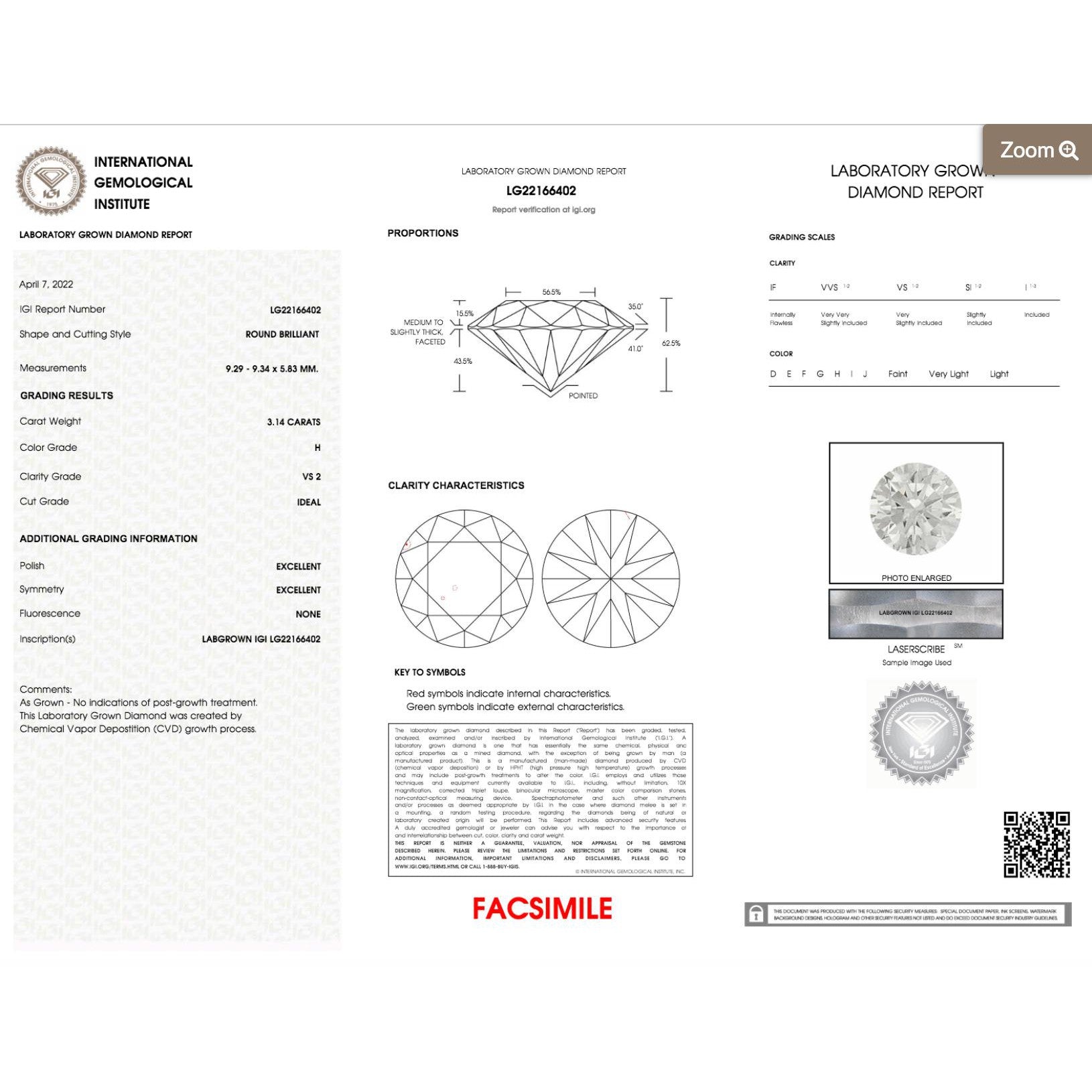 3.14 Carat, Round Cut, H Color, VS2 Clarity Loose Lab Grown Diamond CVD
