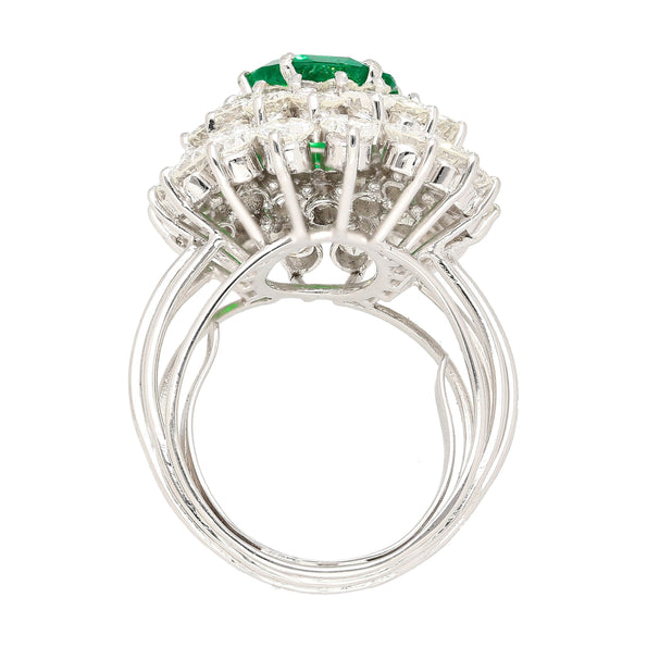 3.19 Carat Oval Cut Emerald Minor Oil & Diamond Cluster Platinum Vintage Ring