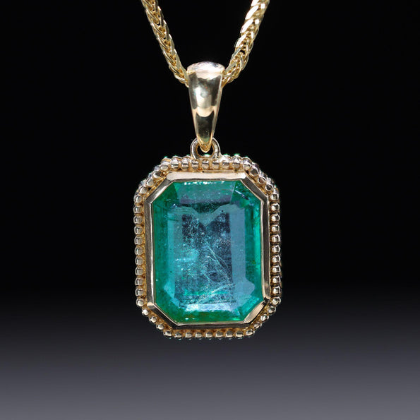 3.47 Carat Emerald Cut Emerald Milgrain Bezel 18K Yellow Gold Pendant Necklace