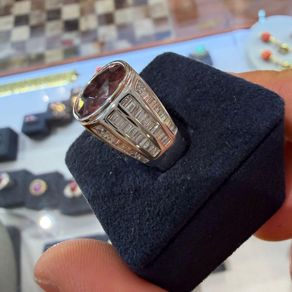 3.59 Carat Oval Pink Tourmaline and Baguette Diamond 18K White Gold Unisex Ring