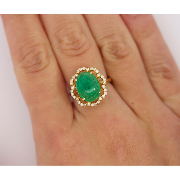 3.6 Carat Cabochon Emerald and Diamond Flower Halo 18K Gold Ring