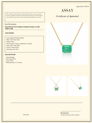 3.66 Carat Emerald Cut Colombian Emerald Solitaire East West Pendant Necklace in 14K Yellow Gold – Assay Jewelers