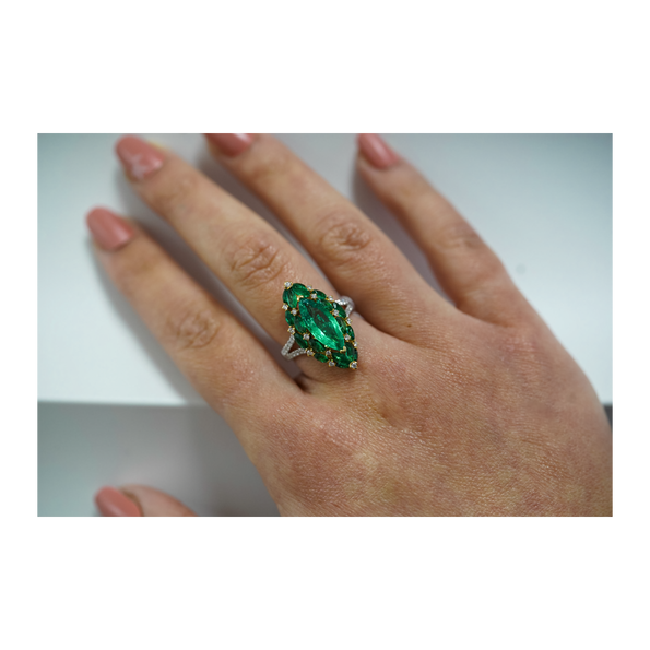 3.89 Carat Marquise Cut Colombian Emerald and Diamond Ring in 18K Gold