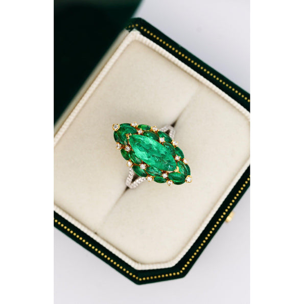 3.89 Carat Marquise Cut Colombian Emerald and Diamond Ring in 18K Gold