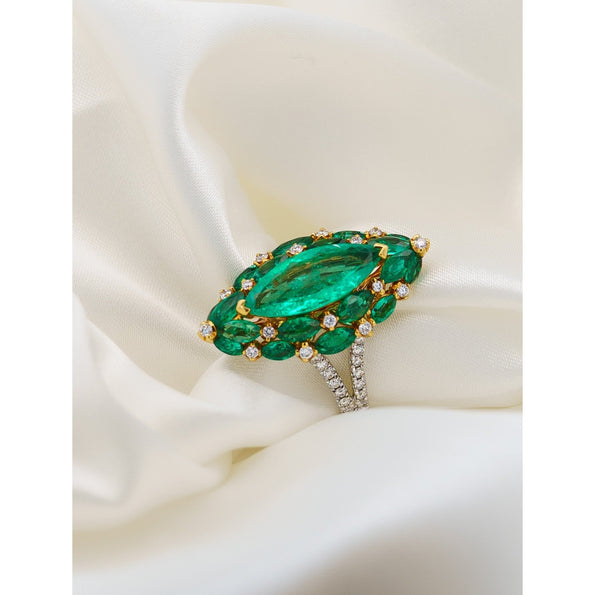 3.89 Carat Marquise Cut Colombian Emerald and Diamond Ring in 18K Gold