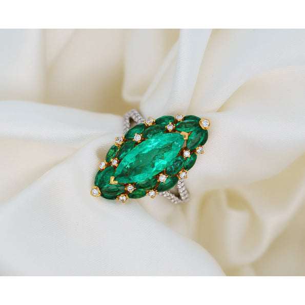 3.89 Carat Marquise Cut Colombian Emerald and Diamond Ring in 18K Gold