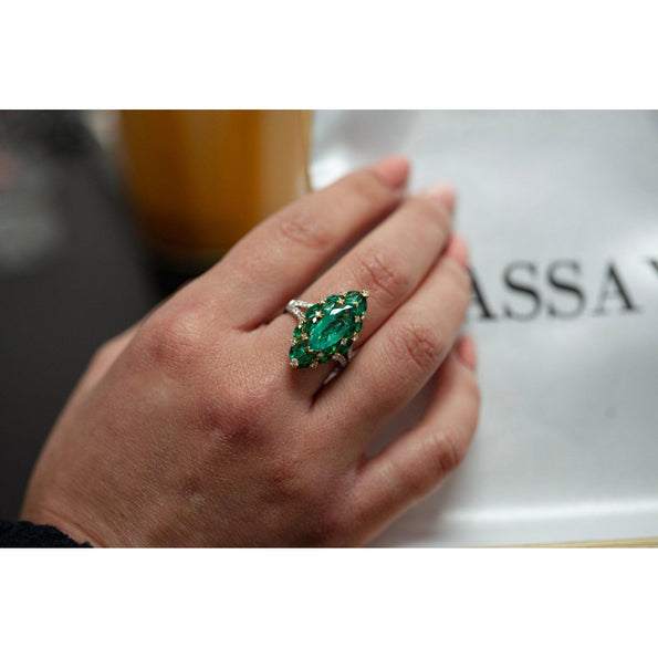 3.89 Carat Marquise Cut Colombian Emerald and Diamond Ring in 18K Gold