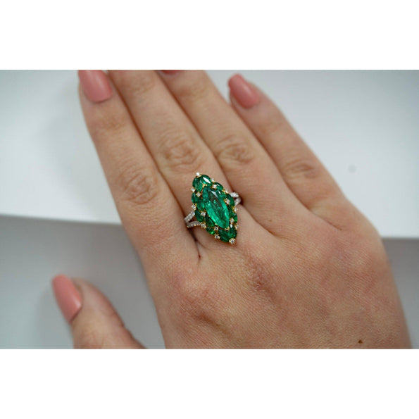 3.89 Carat Marquise Cut Colombian Emerald and Diamond Ring in 18K Gold