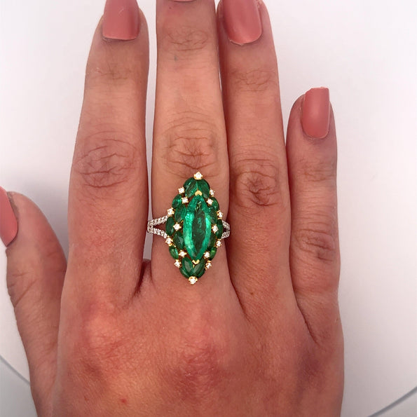 3.89 Carat Marquise Cut Colombian Emerald and Diamond Ring in 18K Gold