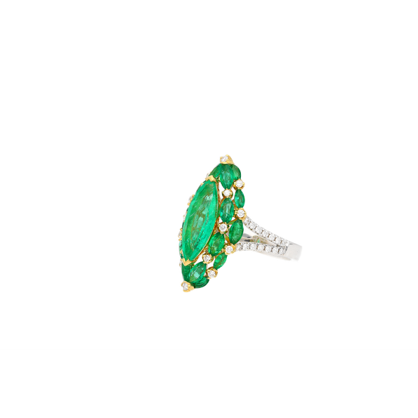 3.89 Carat Marquise Cut Colombian Emerald and Diamond Ring in 18K Gold
