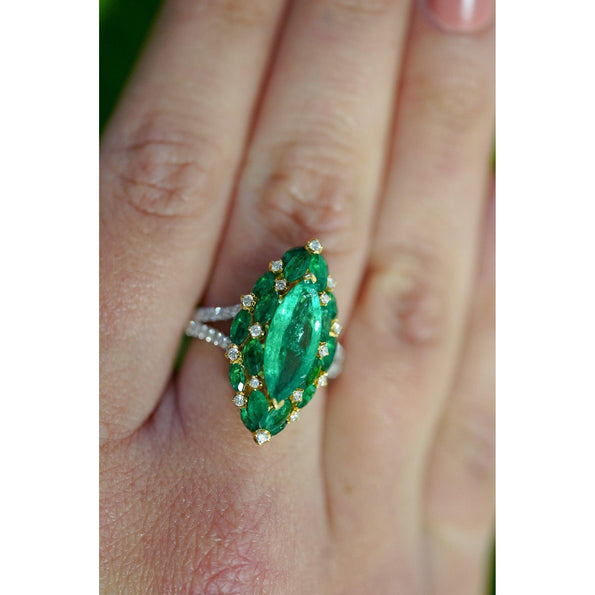 3.89 Carat Marquise Cut Colombian Emerald and Diamond Ring in 18K Gold