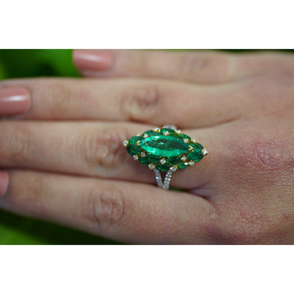 3.89 Carat Marquise Cut Colombian Emerald and Diamond Ring in 18K Gold