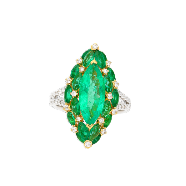 3.89 Carat Marquise Cut Colombian Emerald and Diamond Ring in 18K Gold