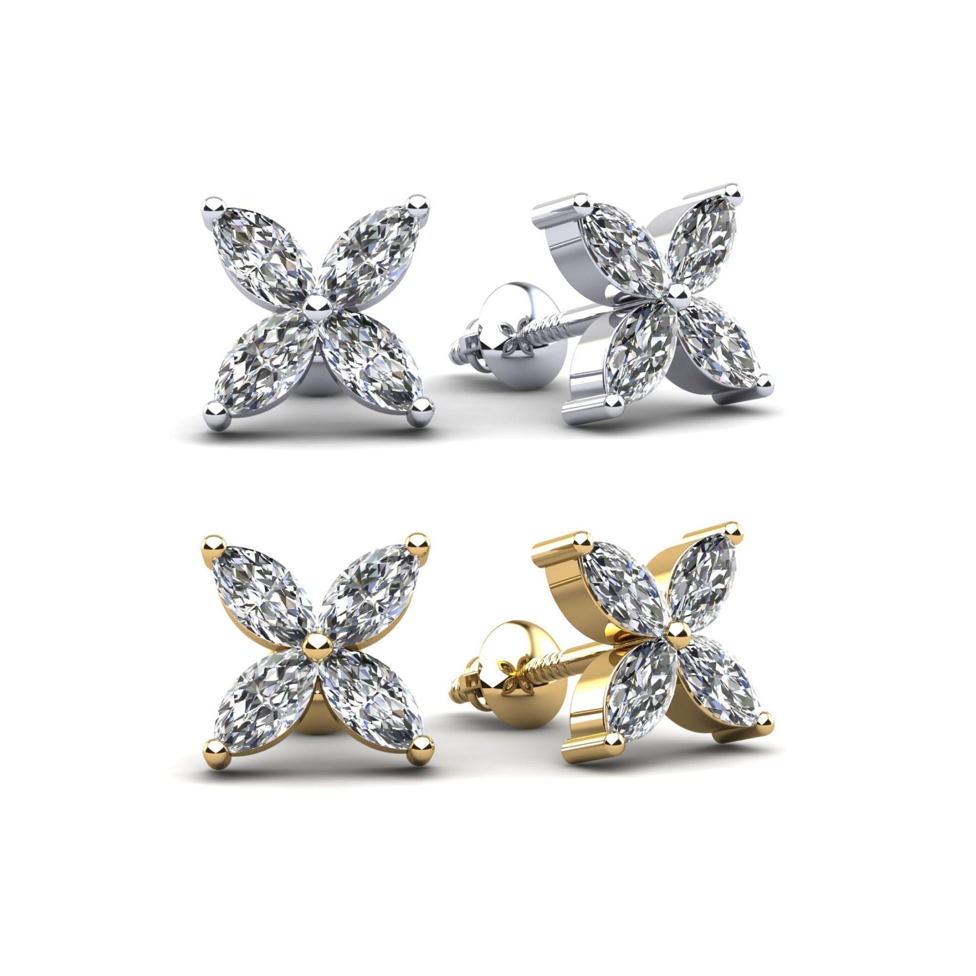 4 Piece Marquise Cut Diamond 14K Gold Stud Earrings