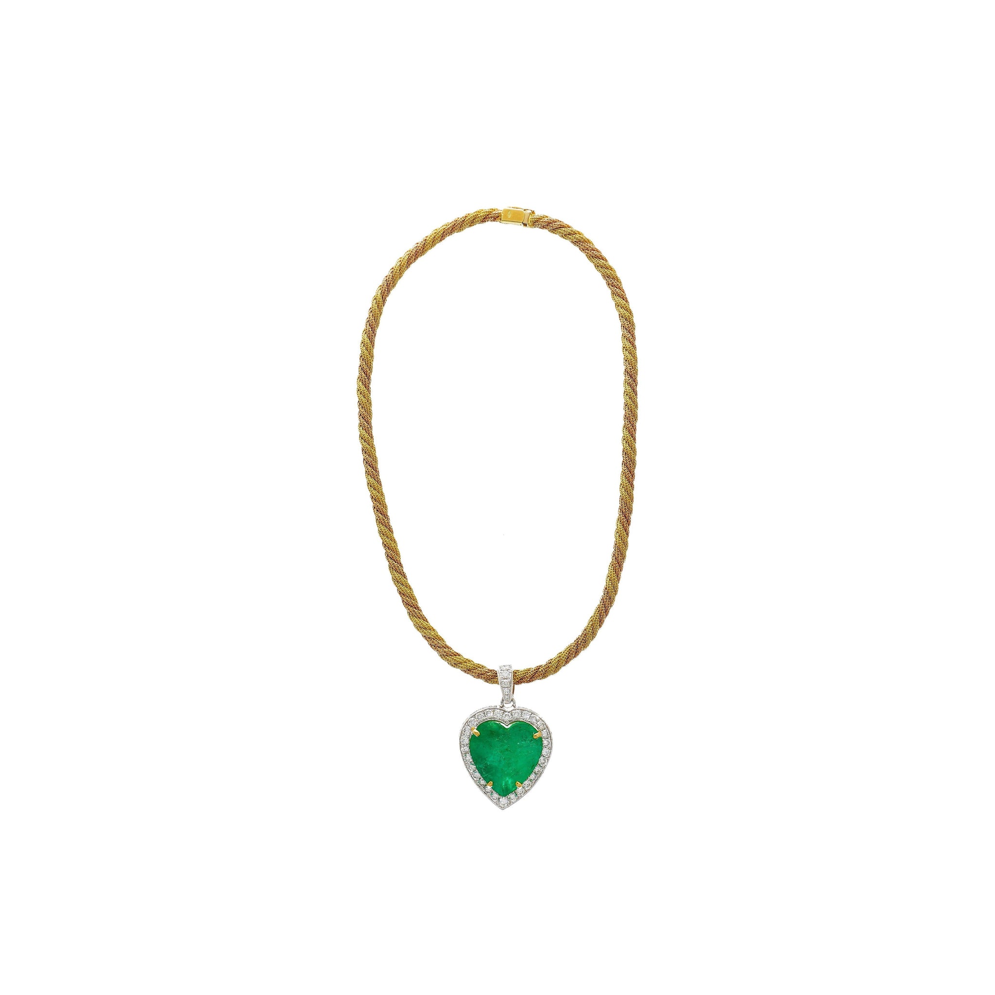 44 Carat Heart Shaped Emerald Pendant with Round Cut Diamond Halo in 18K Gold Necklace