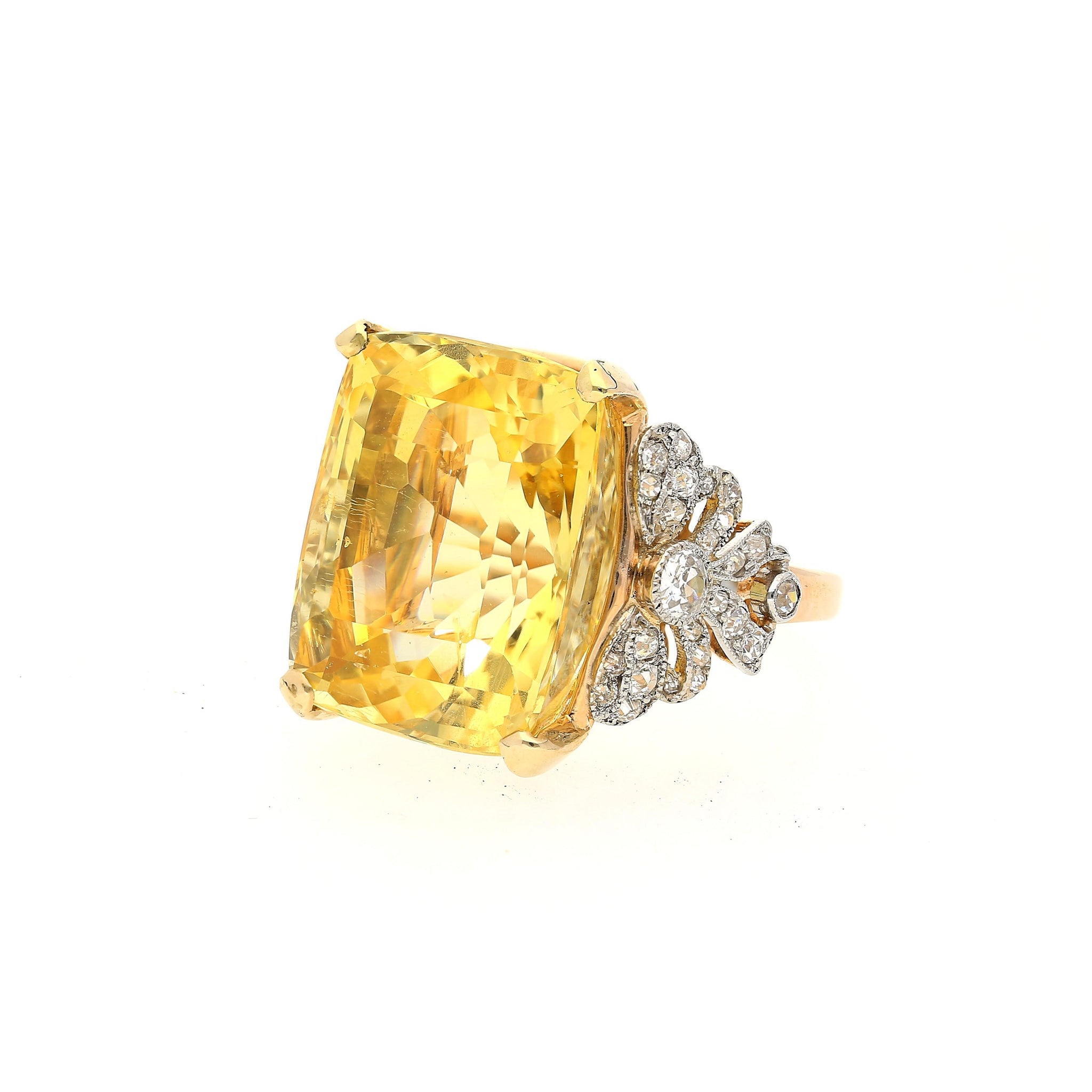 47.10 Carat No-Heat Yellow Sapphire & Old Euro Diamond Vintage Ring