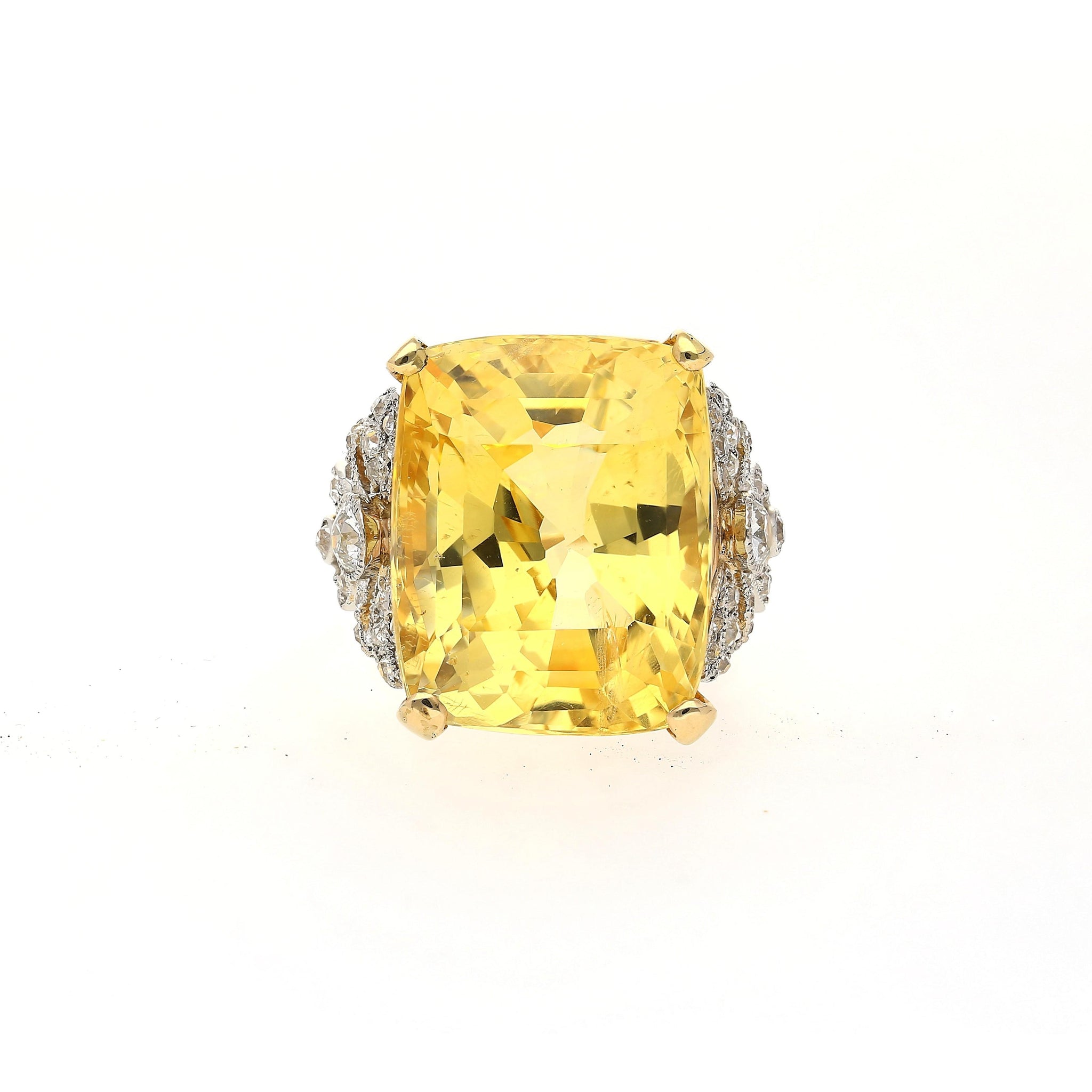 47.10 Carat No-Heat Yellow Sapphire & Old Euro Diamond Vintage Ring