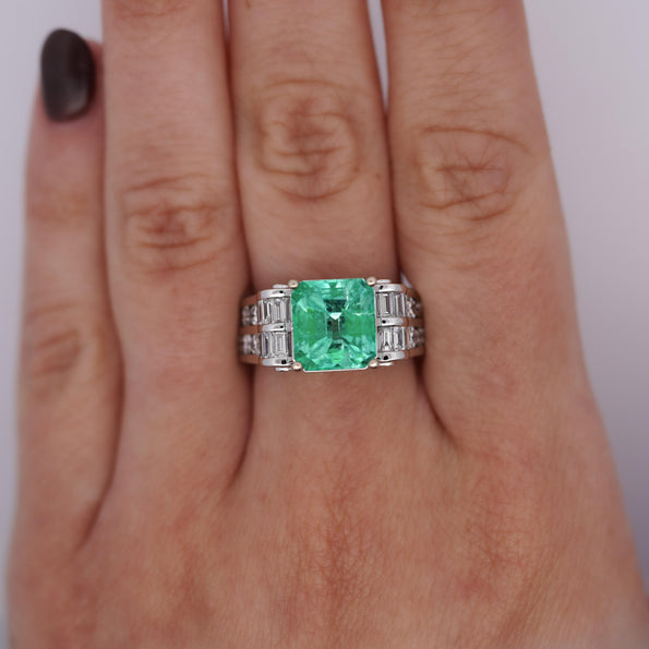4.17 Carat Colombian Emerald & Diamond Unisex 14K White Gold Ring