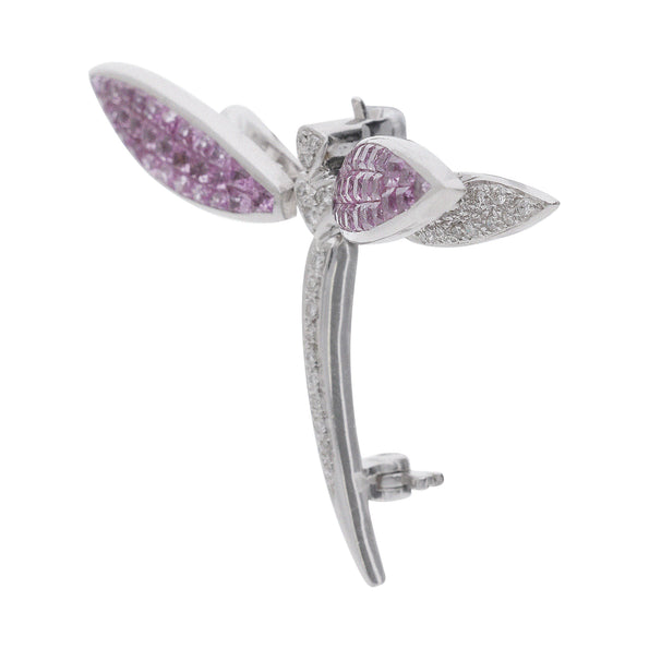 4.29 Carat Pink Sapphire & Diamond 18K White Gold Dragonfly Brooch Pin Pendant
