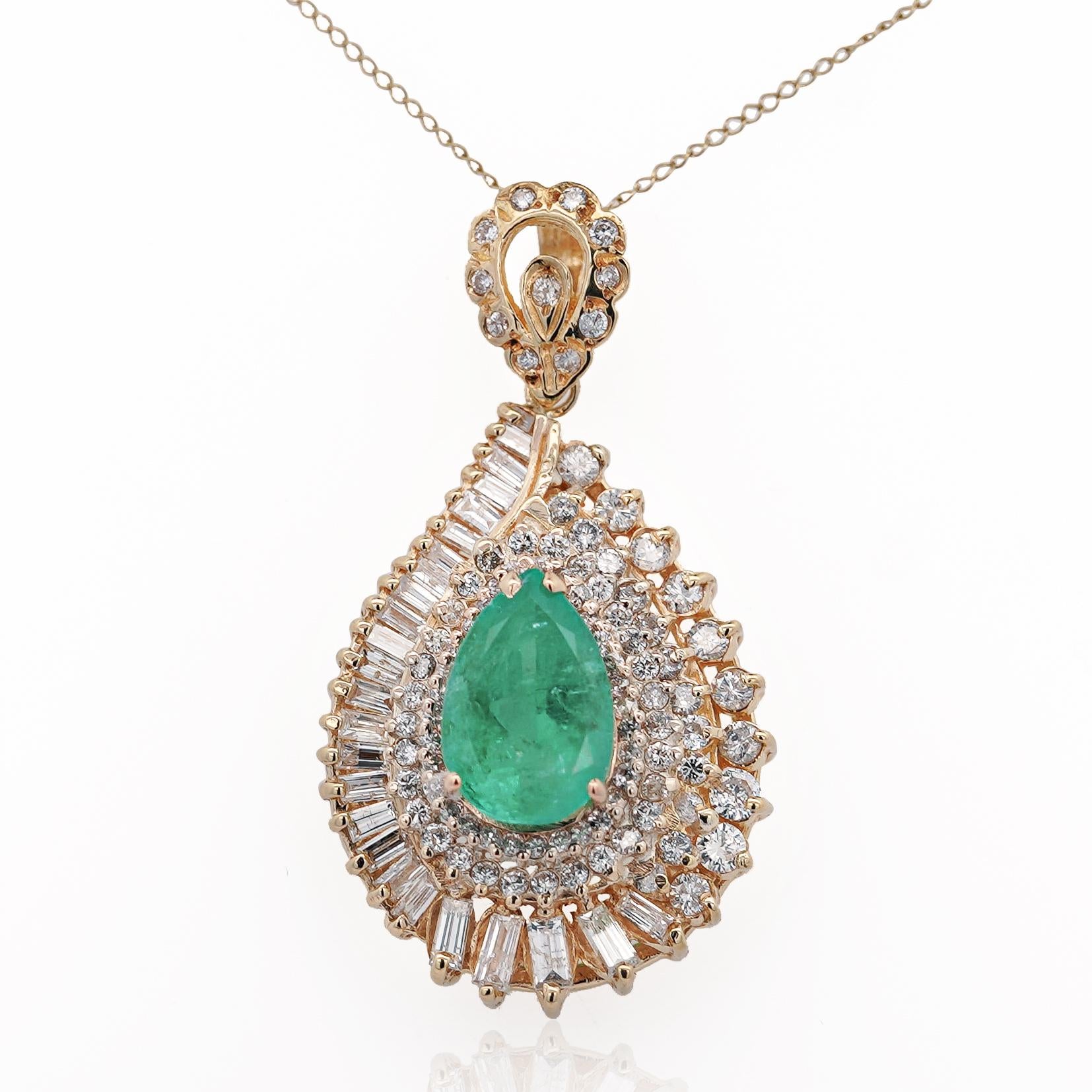 4.5 Carat Pear Cut Colombian Emerald & Diamond 18K Pendant Necklace