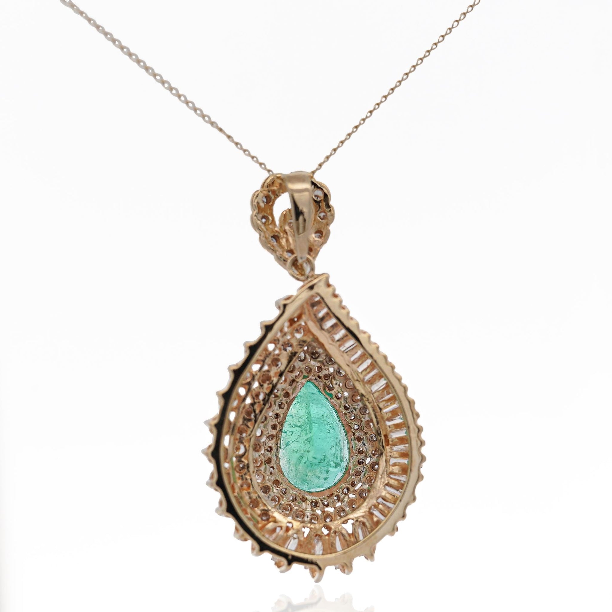 4.5 Carat Pear Cut Colombian Emerald & Diamond 18K Pendant Necklace