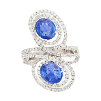 4,51 carati Ring con zaffiro blu ovale e diamante, design verticale a due pietre con pavé a spirale – Assay Jewelers