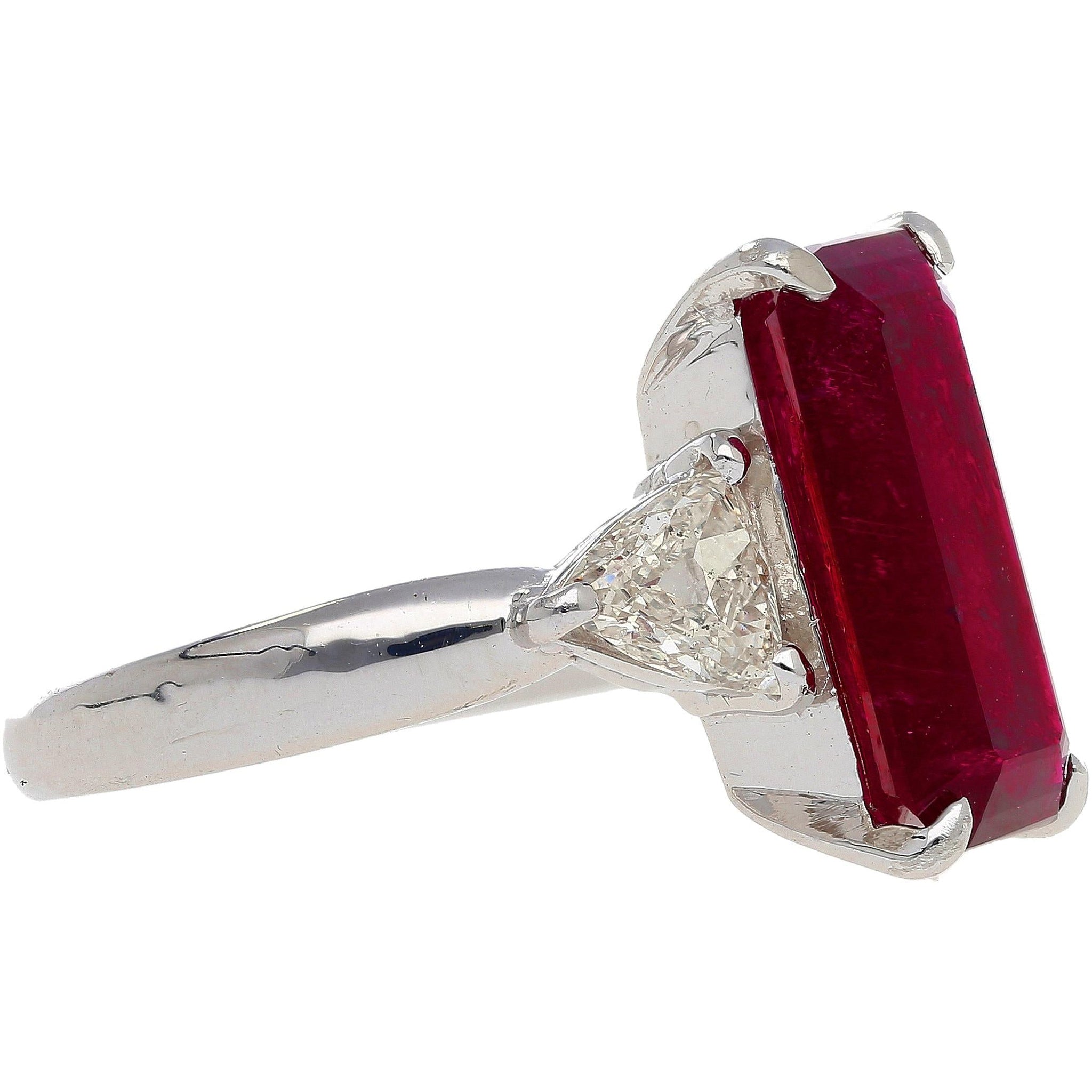 4.67 Carat Red Tourmaline and Trillion Diamond Three Stone Platinum Ring