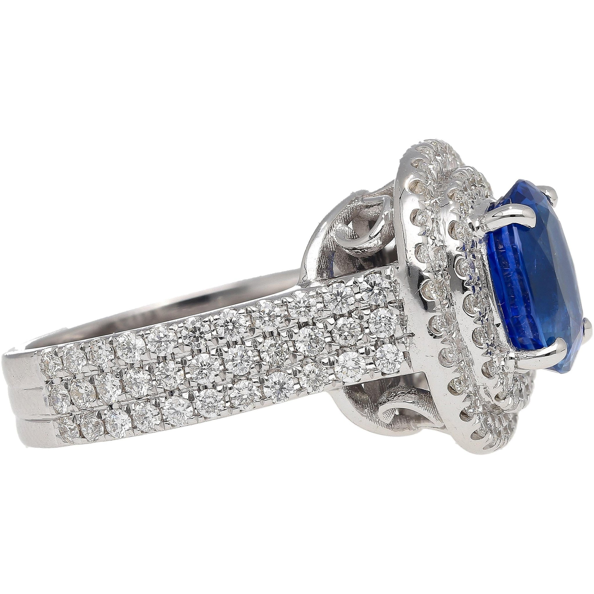 4.73ct GRS Certified Oval Blue Sapphire with Double Diamond Halo Ring