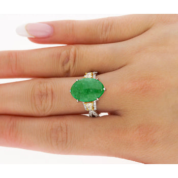 4.76 Carat Jadeite Jade with Trapezoid Cut Yellow Diamond Side Stone Ring in 18k White Gold – Assay Jewelers