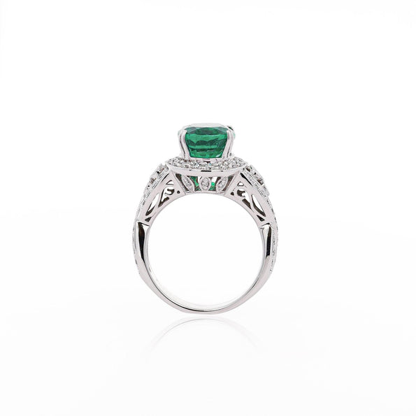 5.5 Carat Oval Cut Emerald & Diamond 18K White Gold Filigree Crossover Ring