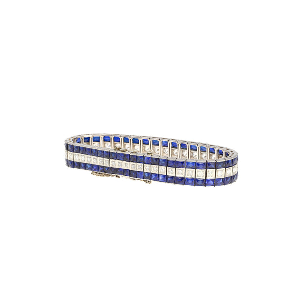 Bracelet Art déco Anciens en platine de 5.50 carats avec diamants et saphirs bleus taille princesse