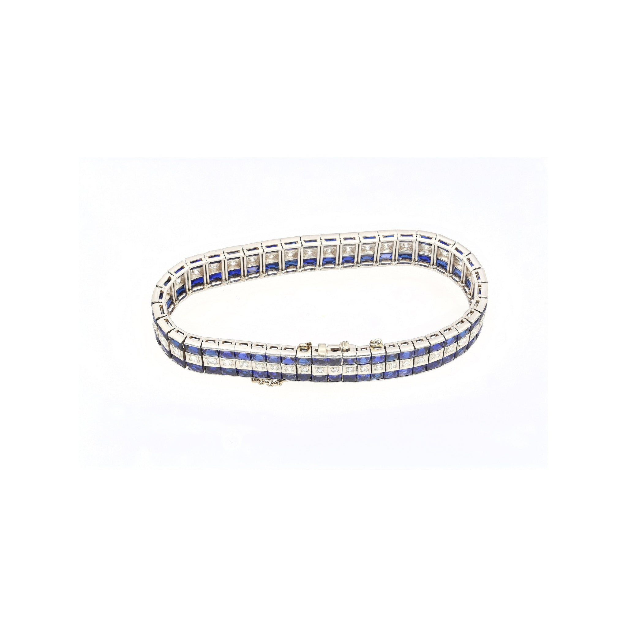 5.50 Carat Vintage Art Deco Platinum Bracelet With Diamonds and Princess-Cut Blue Sapphires