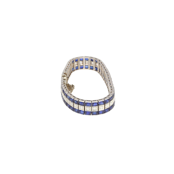 Bracelet Art déco Anciens en platine de 5,50 carats avec diamants et saphirs bleus taille princesse