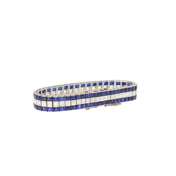 Bracelet Art déco Anciens en platine, 5.50 carats, avec diamants et saphirs bleus taille princesse