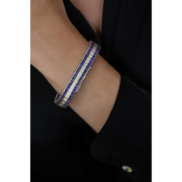 Bracelet Art déco Anciens en platine de 5,50 carats avec diamants et saphirs bleus taille princesse