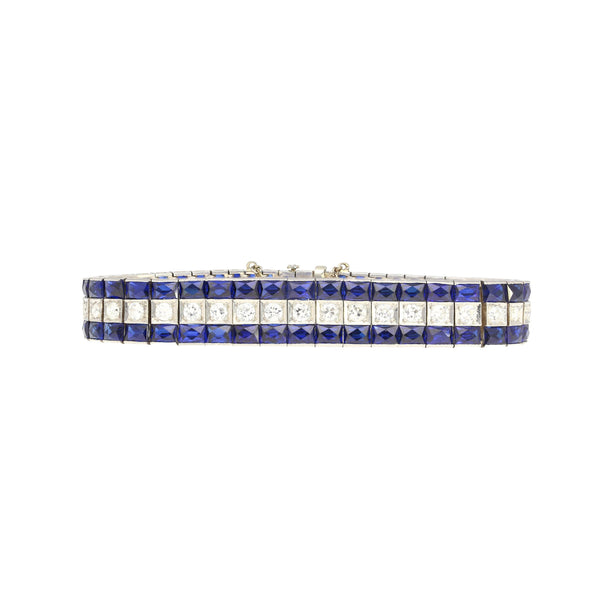 5.50 Carat Bracelet Anciens Art déco en platine avec diamants et saphirs bleus taille princesse