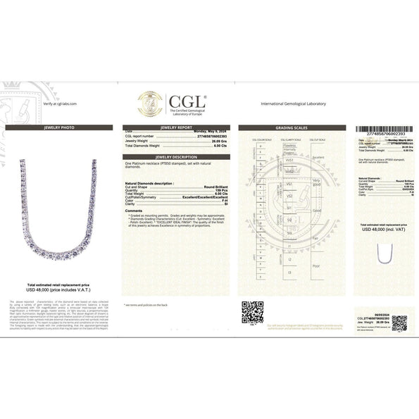 Collier tennis Riviera dégradé en diamants naturels 6 carats, platine 17" à 4 griffes