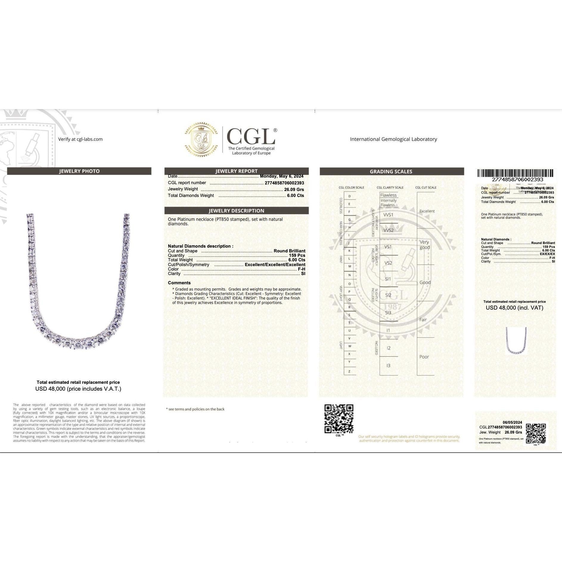 6 Carat Natural Diamond Riviera Graduated Tennis Necklace Platinum 17" 4-Prong