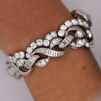 60 Carat Baguette & Round Cut Diamond in Platinum Retro Scroll Design Bracelet – Assay Jewelers