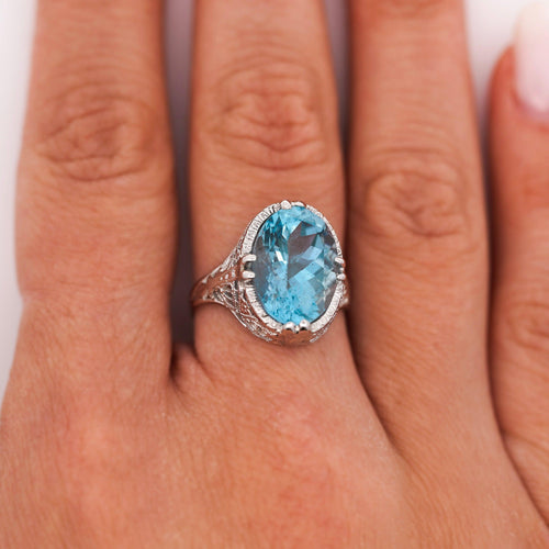 6.22 Carat Oval Aquamarine in Engraved 14K White Gold Edwardian Filigree Ring