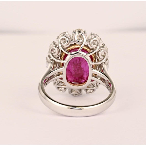 6.45 Carat No-Heat Burma Ruby Oval Cut & Round Diamond Halo Ring