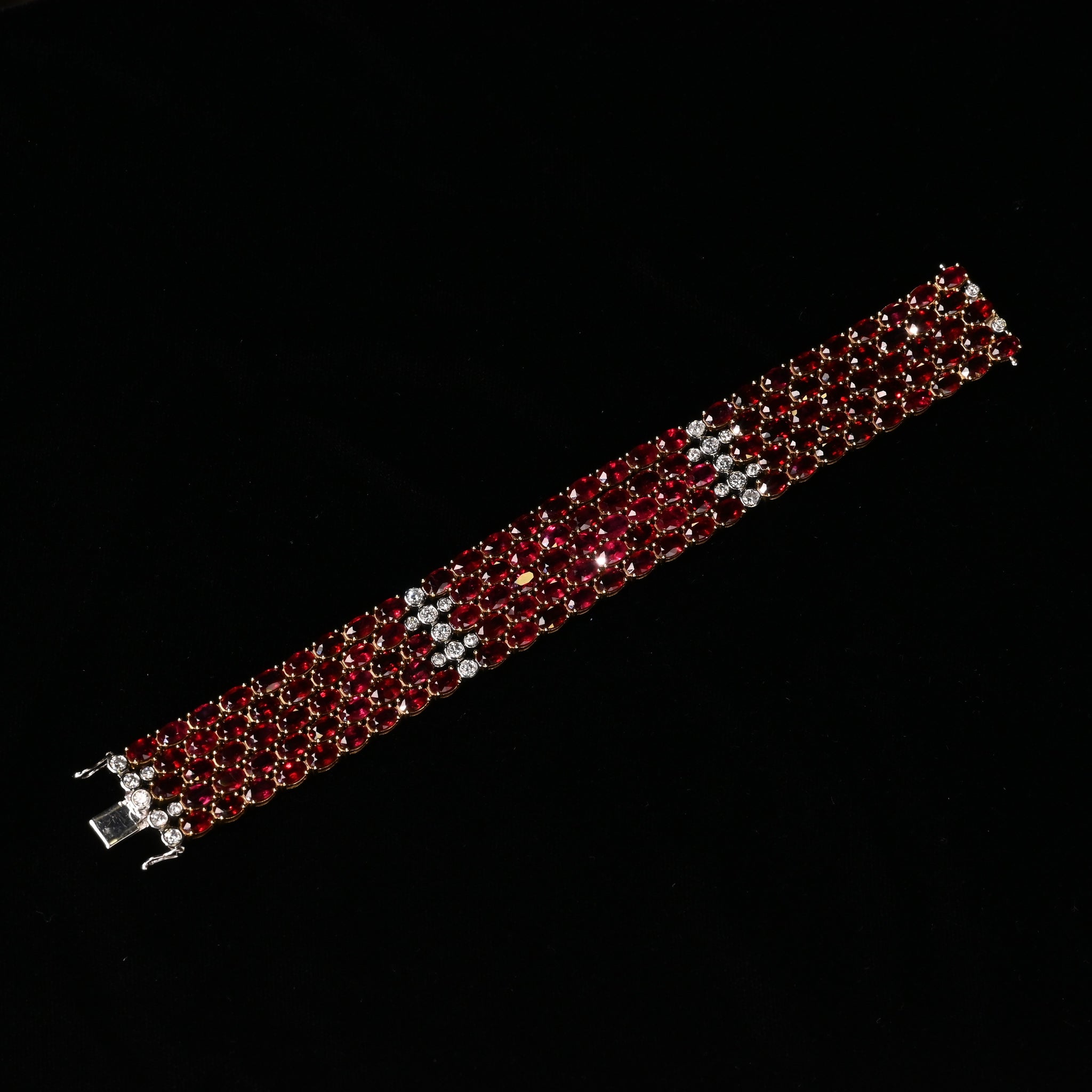 72.51 Carat Natural Oval Cut Ruby 5-Row Multi Link Tennis Bracelet in 18K Gold
