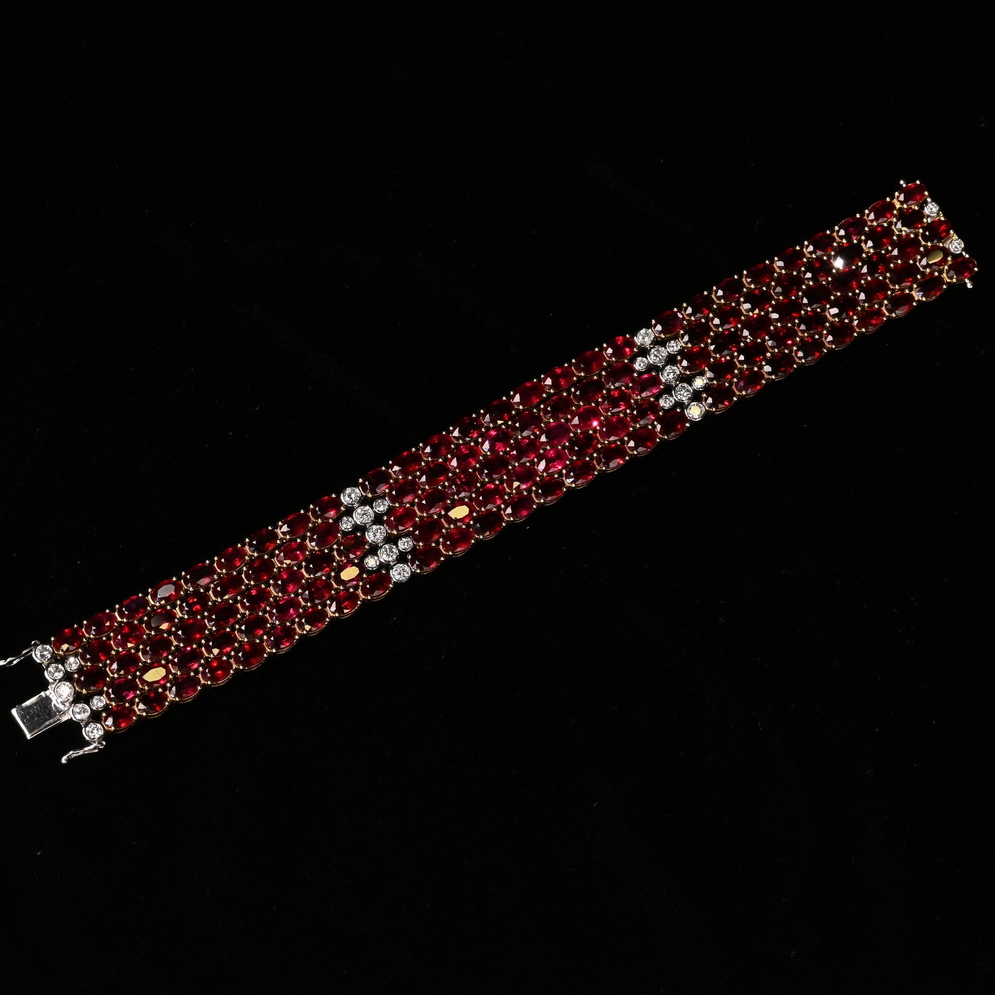 72.51 Carat Natural Oval Cut Ruby 5-Row Multi Link Tennis Bracelet in 18K Gold
