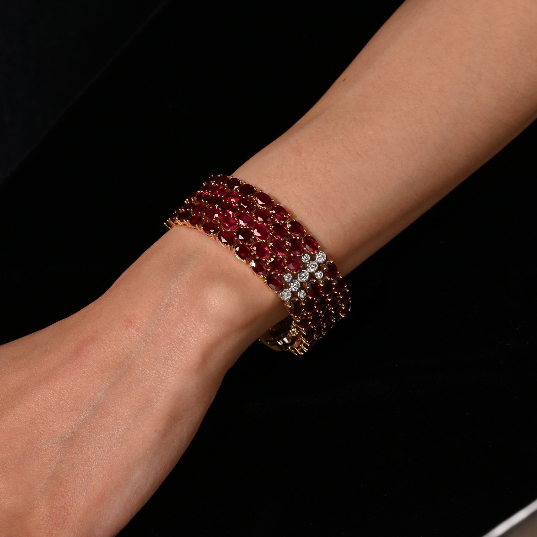 72.51 Carat Natural Oval Cut Ruby 5-Row Multi Link Tennis Bracelet in 18K Gold